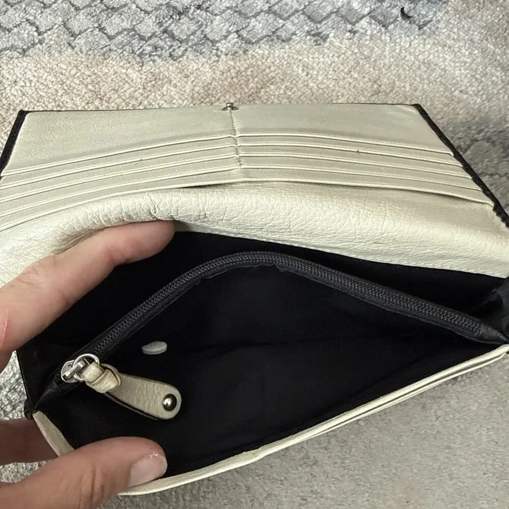 Bosca Soft Leather Womens Long Wallet Black And Cream 7.5 X 4”